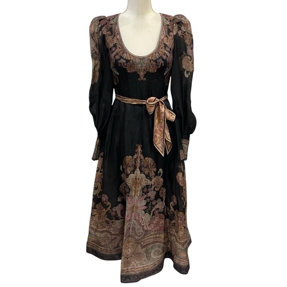 ZIMMERMANN Illustration Belted Printed Linen Silk Blend Organza Midi Dress Black - Picture 4 of 16
